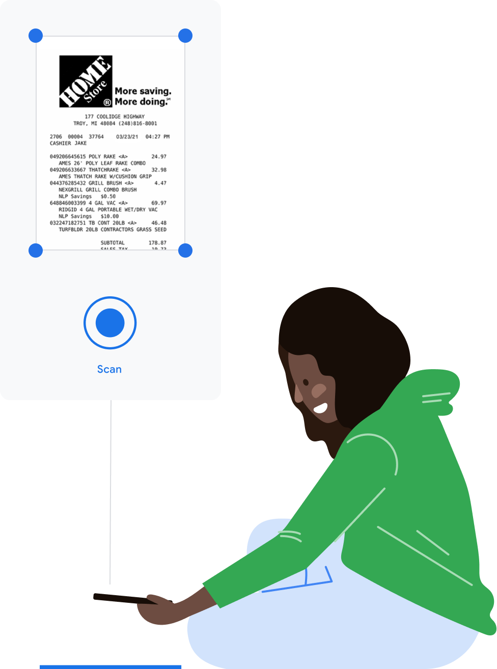 A diagram of a user scanning a Home Depot receipt.